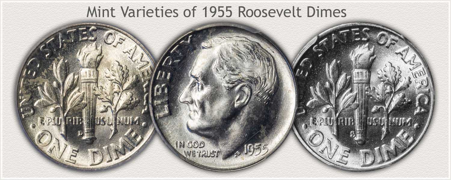 Three Mint Varieties of 1955 Roosevelt Dimes