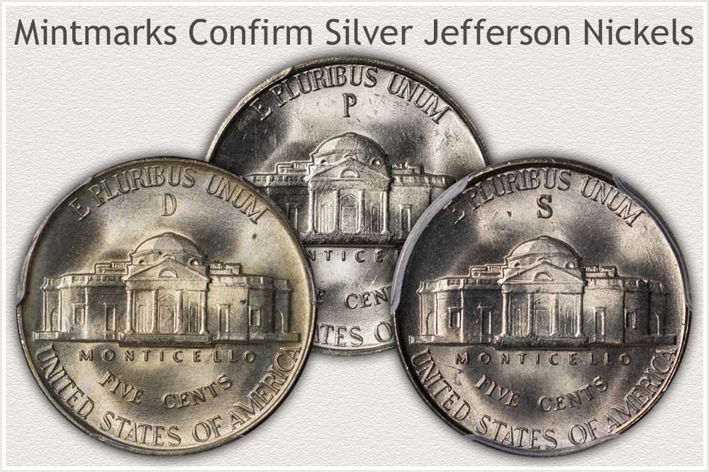 Reverse of Philadelphia, San Francisco, and Denver Mint Jefferson Silver Nickels