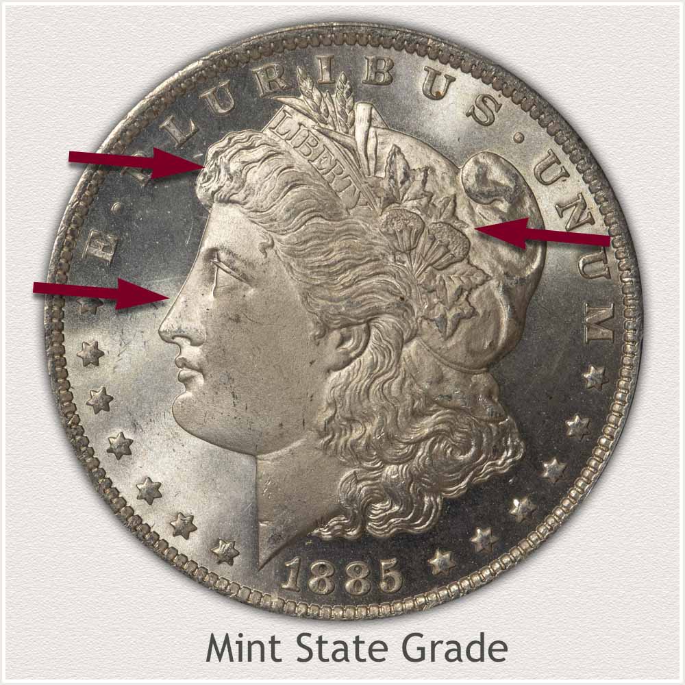 Obverse View: Mint State Grade Morgan Silver Dollar