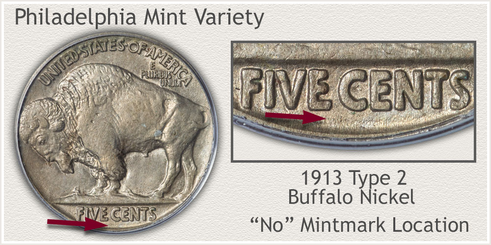 No Mintmark 1913 Type 2 Buffalo Nickel