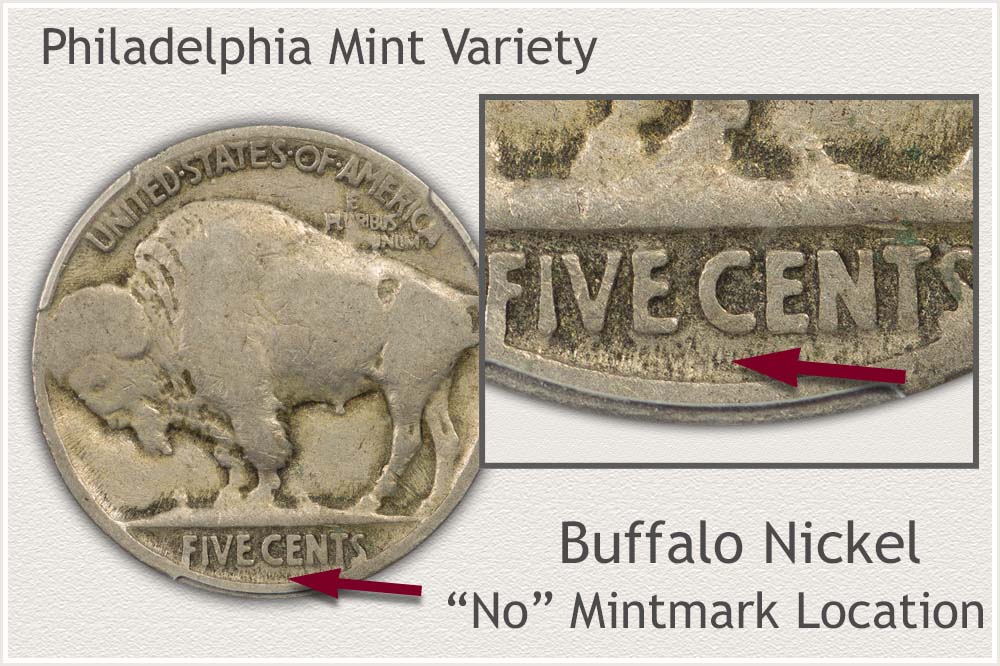 Close Up of No Mintmark on a 1920 Buffalo Nickel