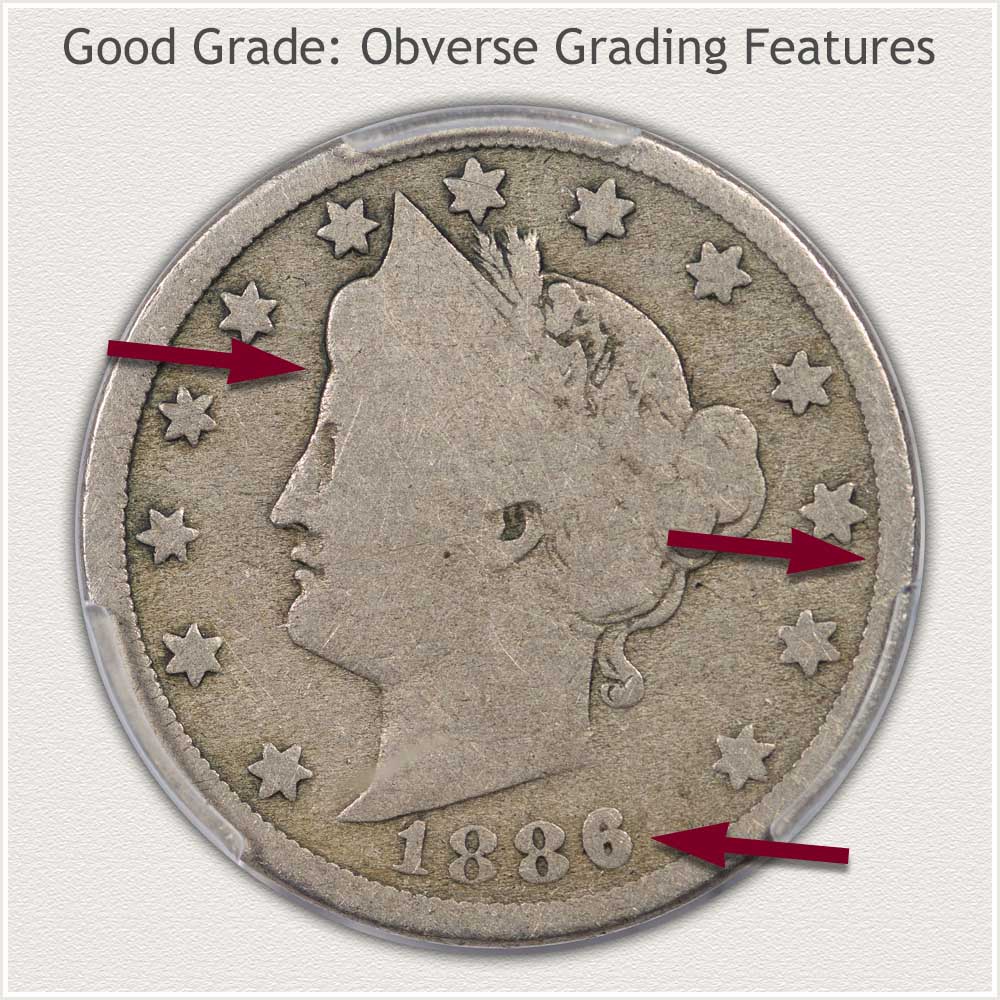 Grading Features Highlighted on the Obverse of a Good Grade Liberty Nickel