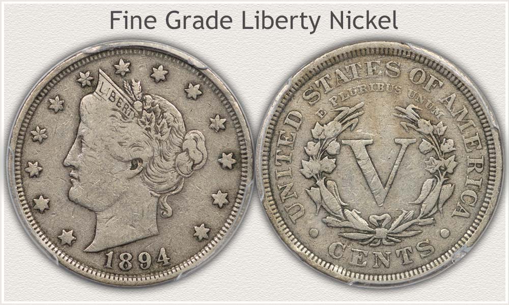 Full Obverse and Reverse Views of a Liberty Nickel in Fine Grade