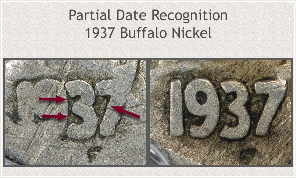 Close View of Worn Dates on Buffalo Nickels