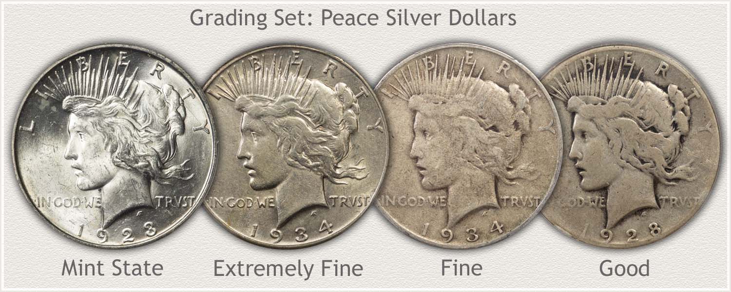 Grading Set of Peace Dollars Mint State, Extremely Fine, Fine, and Good Grades