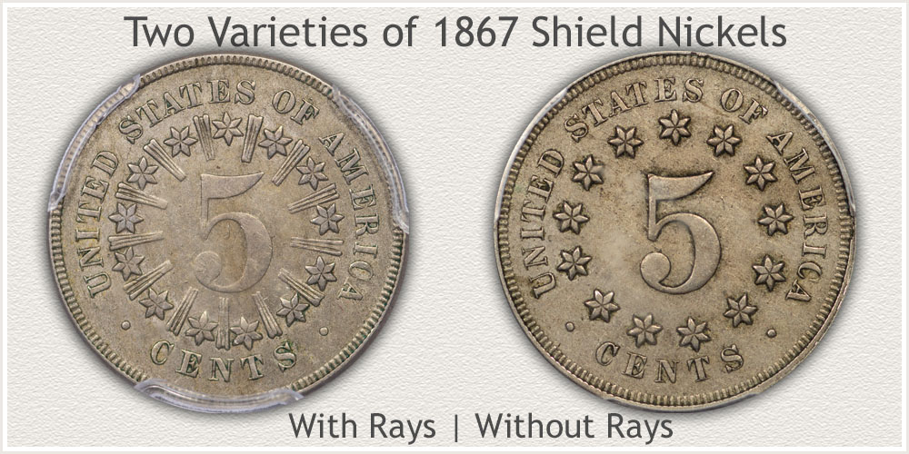 Reverse Designs With Rays and Without Rays 1867 Shield Nickels