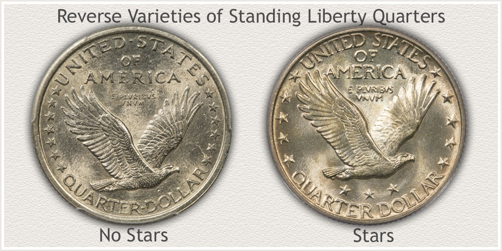 Type 1 and Type 2 Reverse Designs of Standing Liberty Quarters