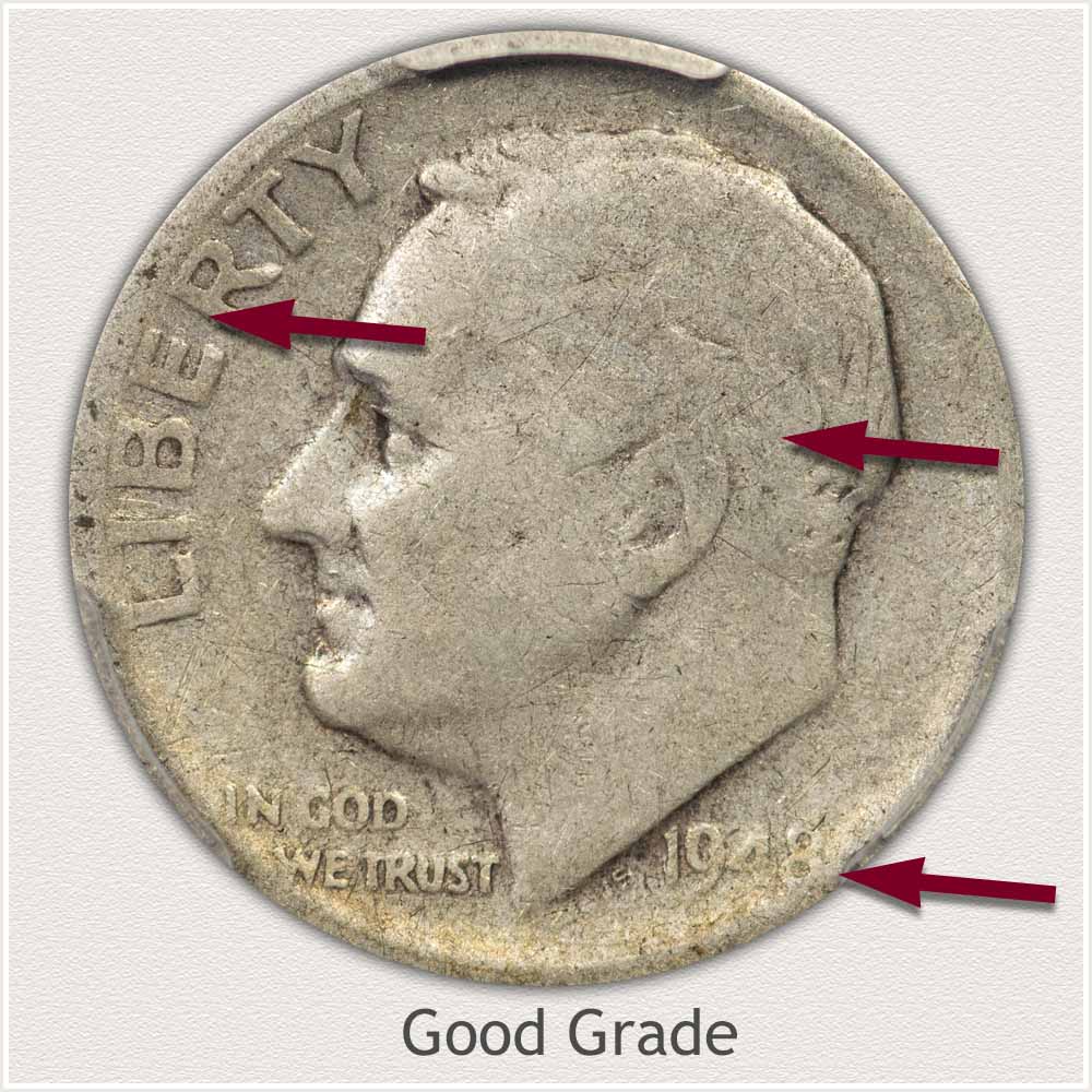 Obverse View: Good Grade Roosevelt Dime