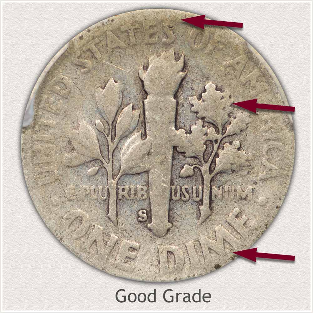 Reverse View: Good Grade Roosevelt Dime