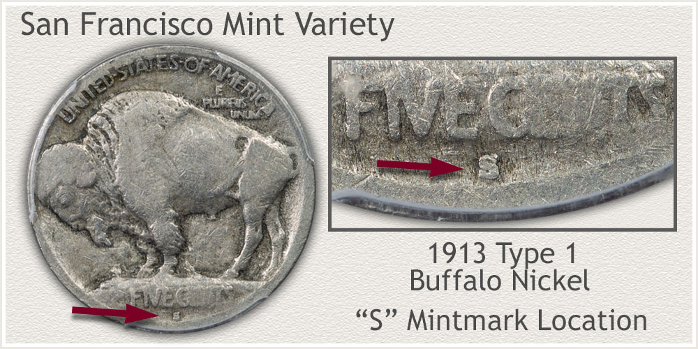 S Mintmark 1913 Type 1 Buffalo Nickel