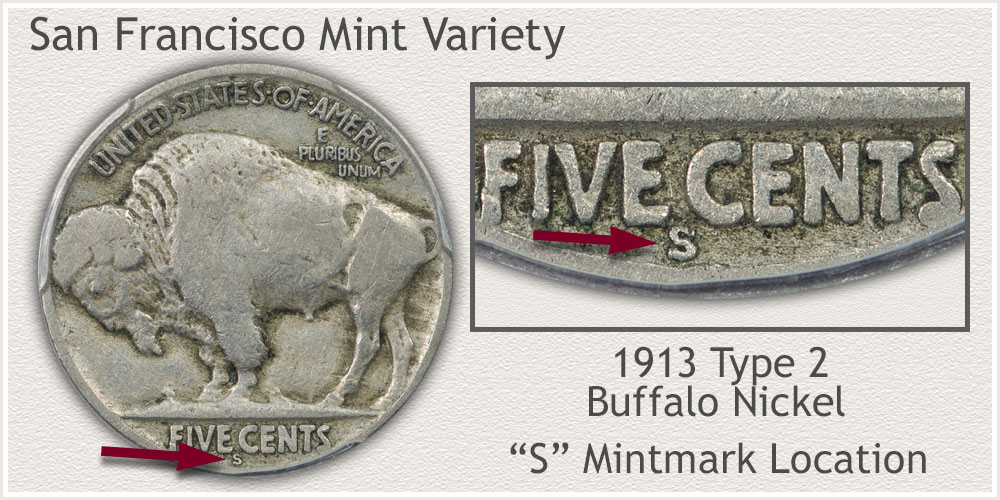 S Mintmark 1913 Type 2 Buffalo Nickel