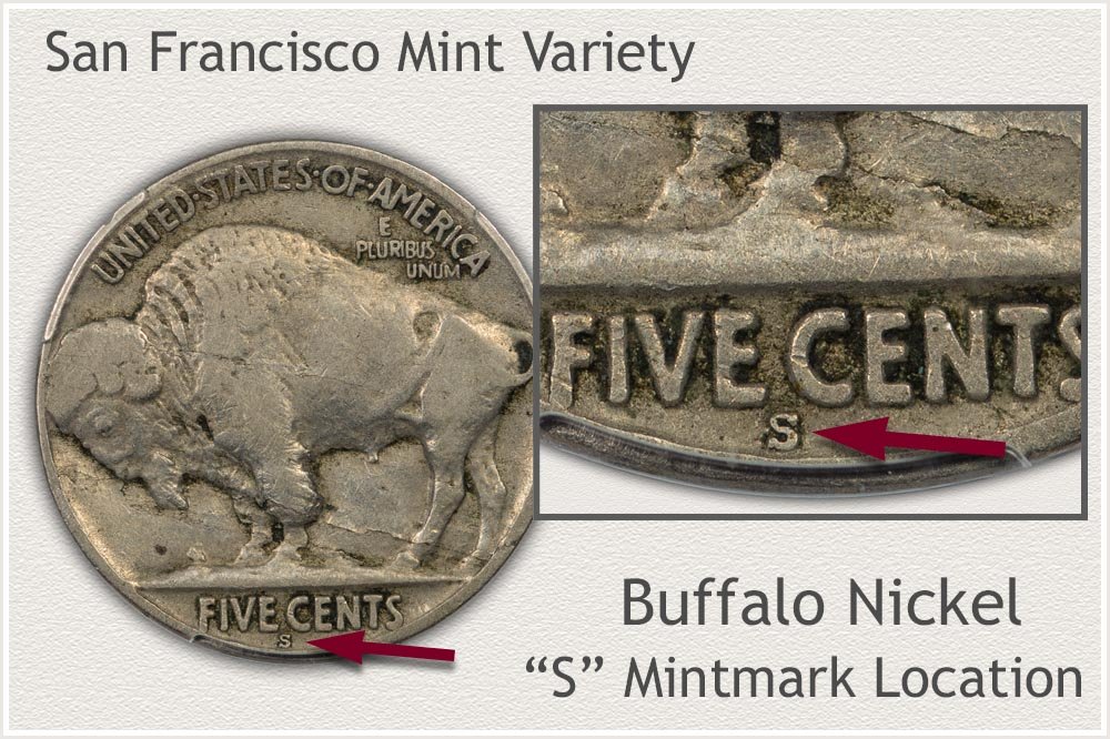 Close Up of the S Mintmark Buffalo Nickel