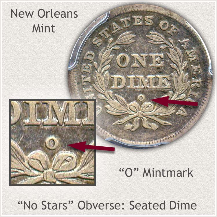 Mintmark Location of New Orleans No Star Variety Seated Dime