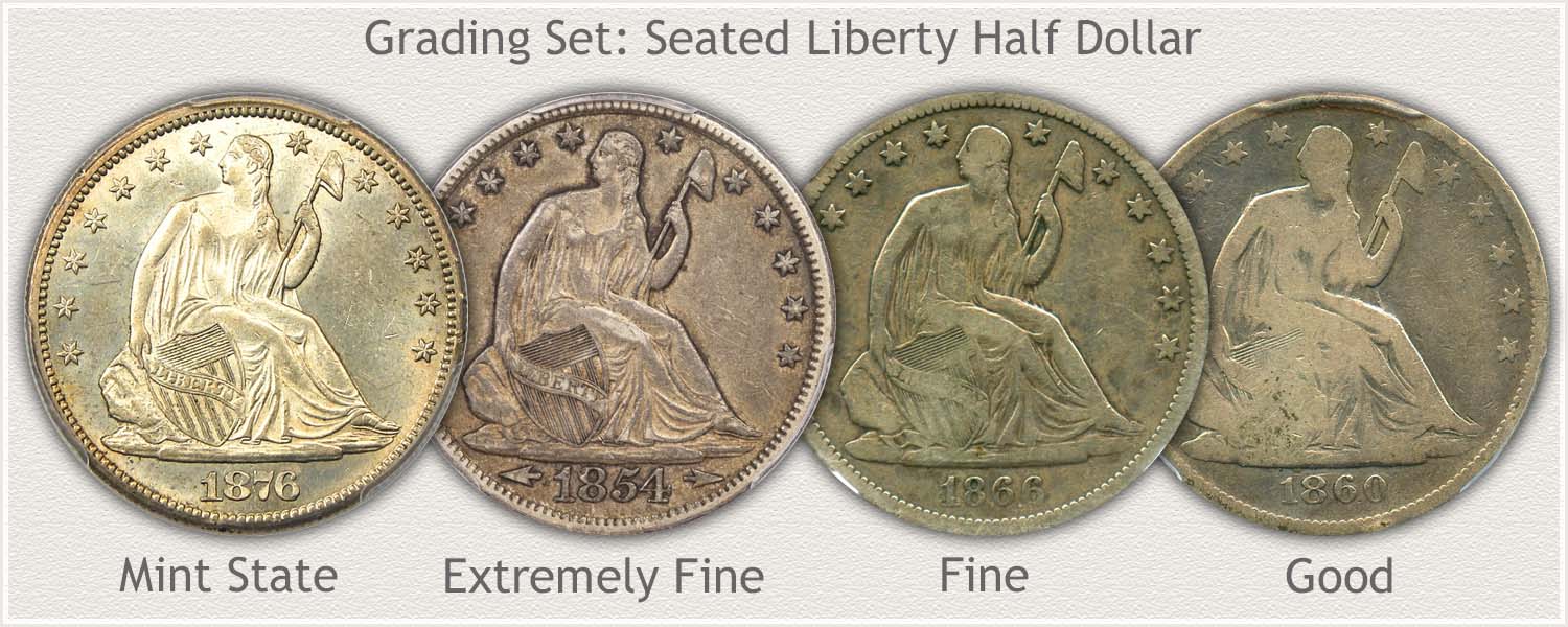 Grading Set of Seated Liberty Half Dollars in Mint State, Extremely Fine, Fine, and Good Grades