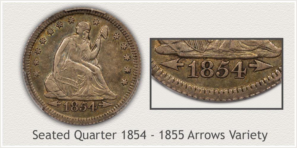 Seated Liberty Quarter 1854 to 1855 Arrows at Date Variety