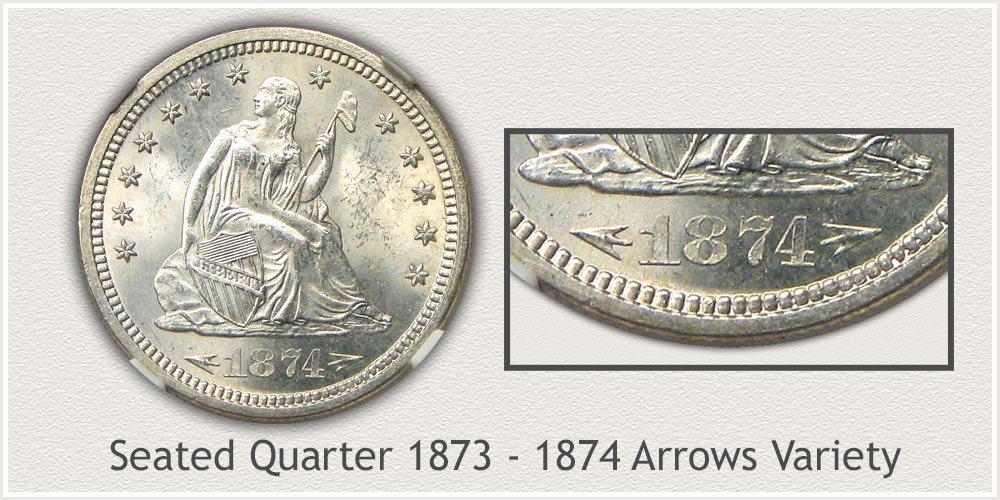Seated Liberty Quarter 1873 to 1874 Arrows at Date Variety