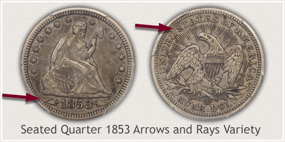 Seated Liberty Quarter 1853 Arrows and Rays Variety