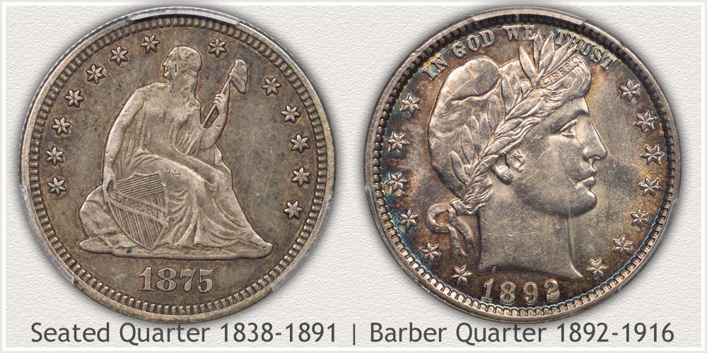 Seated Quarter Compared to Barber Quarter