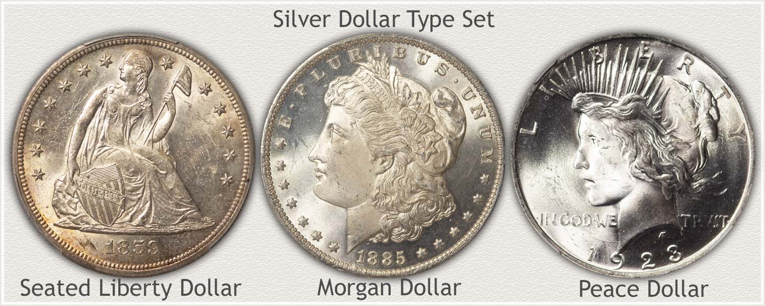 Type Set of Silver Dollars: Seated Liberty, Morgan, and Peace Silver Dollars