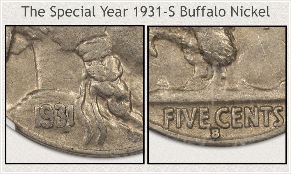 Date and Mintmark Highlighted on a 1931 San Francisco Buffalo Nickel