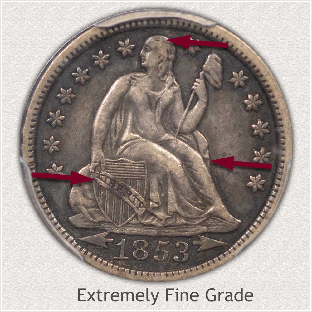 Obverse View: Extremely Fine Grade Stars Obverse-Seated Dime