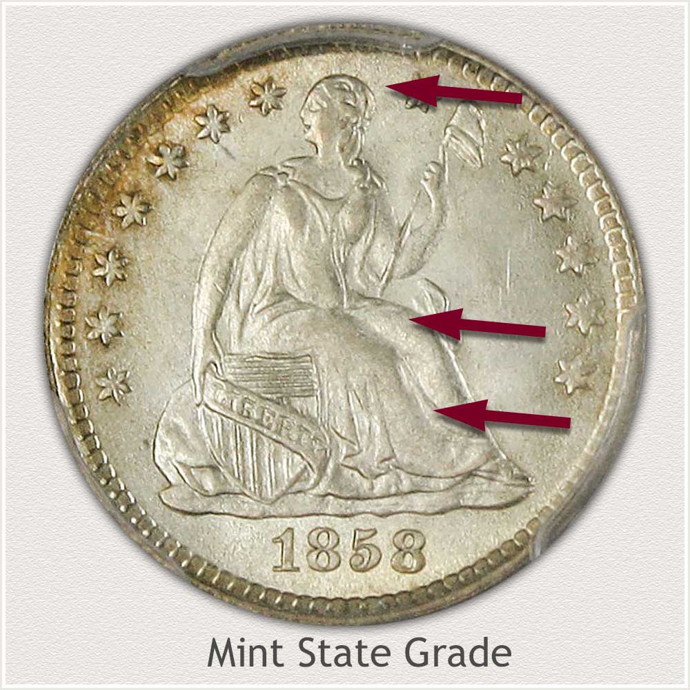 Obverse View: Mint State Grade Stars Obverse Seated Half Dime
