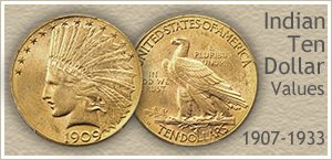 Picture of an Indian Ten Dollar Gold Coin Minted 1907 to 1033
