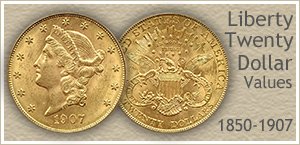 Picture of a Liberty Twenty Dollar Gold Coin Minted 1850 to 1907