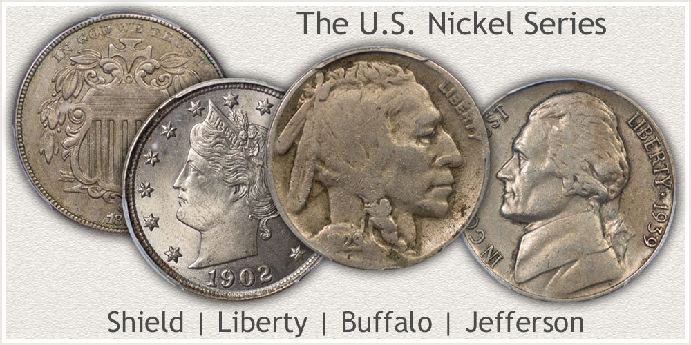 Illustrated are a Shield, Liberty, Buffalo, and Jefferson Nickel