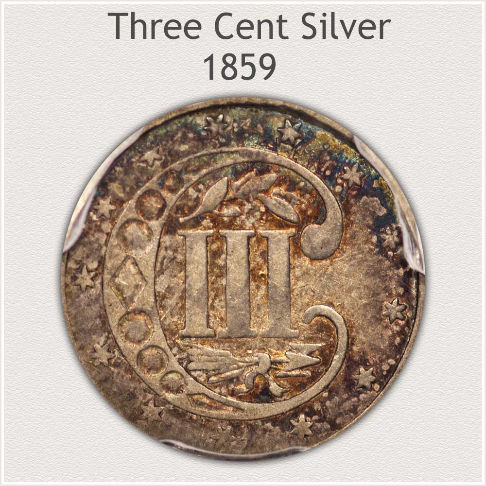 Toning on Reverse of 1859 Three Cent Silver Piece