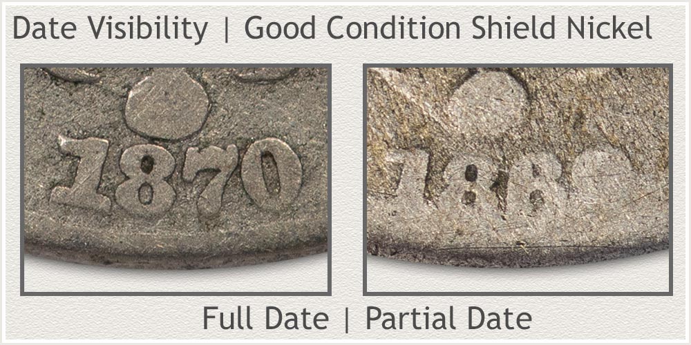 Visual Grading Metric of Date Highlighted on a Good Grade Shield Nickel Date Visibility Details of a Good Grade Shield Nickel