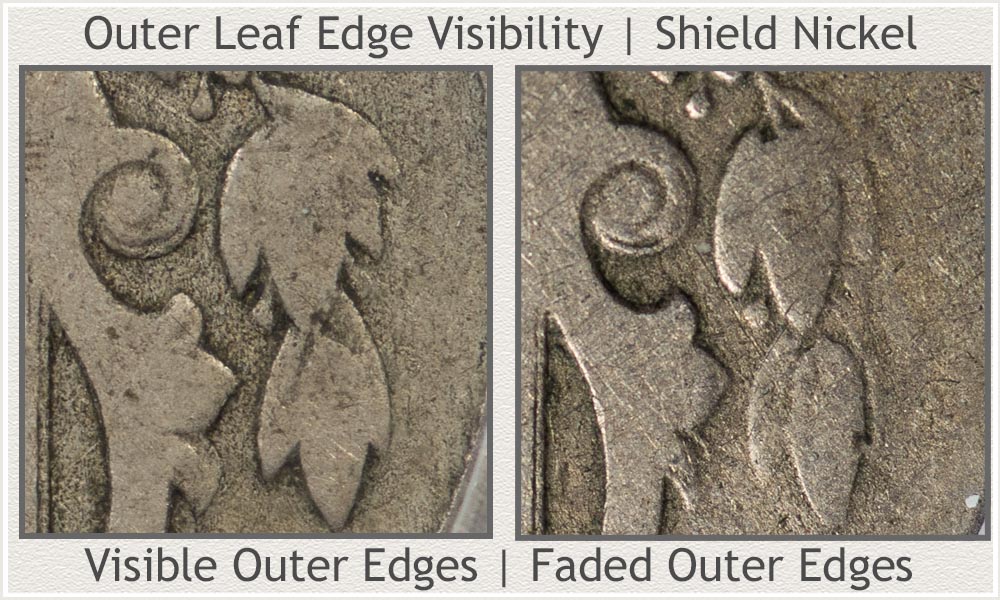 Visual Grading Metric of Outer Leaf Edge Highlighted on a Good Grade Shield Nickel Outer Leaf Edge Visibility | Good Condition Shield Nickel