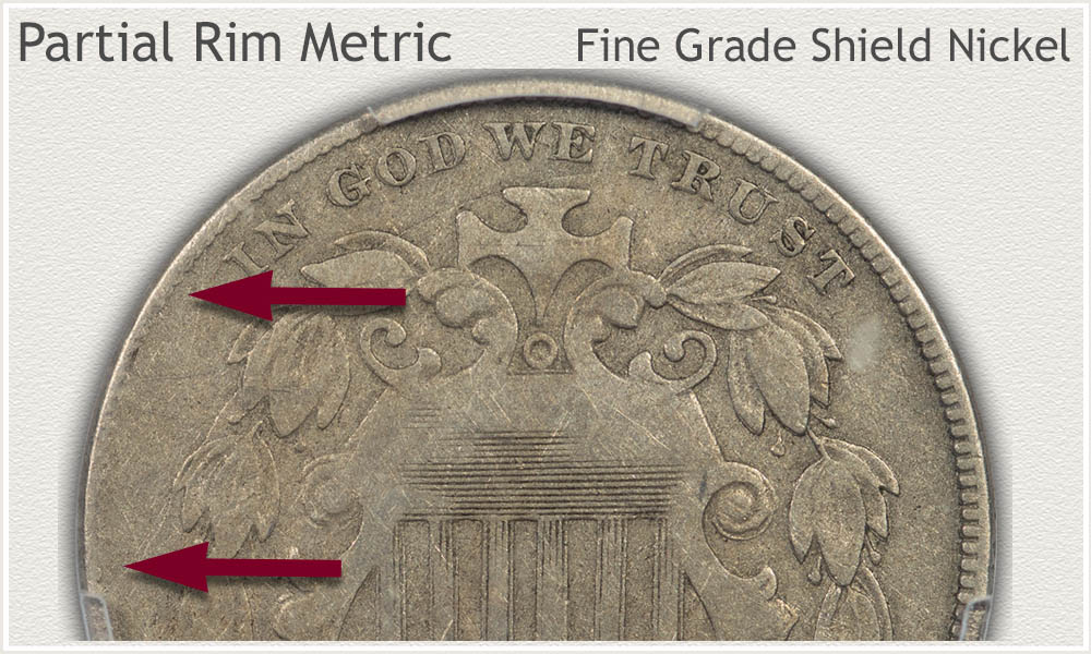 Close-up of the rim detail on a Fine Grade Shield Nickel