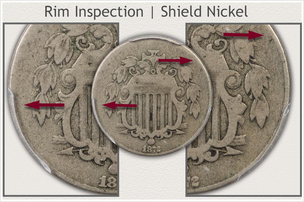 Visual Metric Rim Features Highlighted on a Good Grade Shield Nickel Rim Details of a Good Grade Shield Nickel