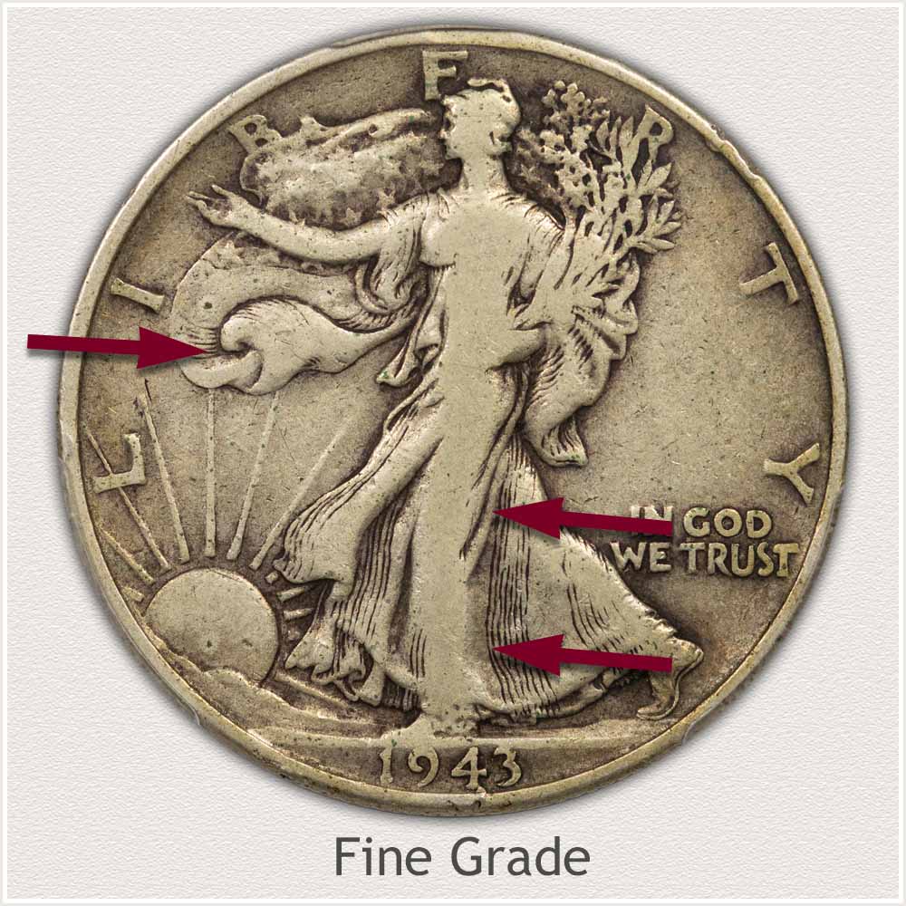 Obverse View: Fine Grade Walking Liberty Half Dollar